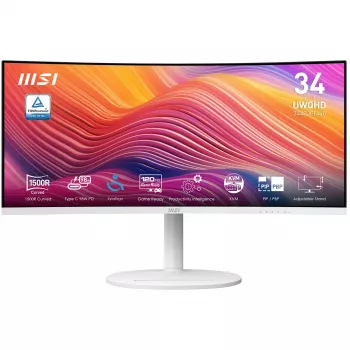 34 colių MSI Modern MD342CQPWDE lenktas VA LCD monitorius 3440×1440 UWQHD 21:9, 4 ms, 300 cd/m², USB šakotuvas, garsiakalbiai, VESA, reguliuojamas aukštis — Baltas