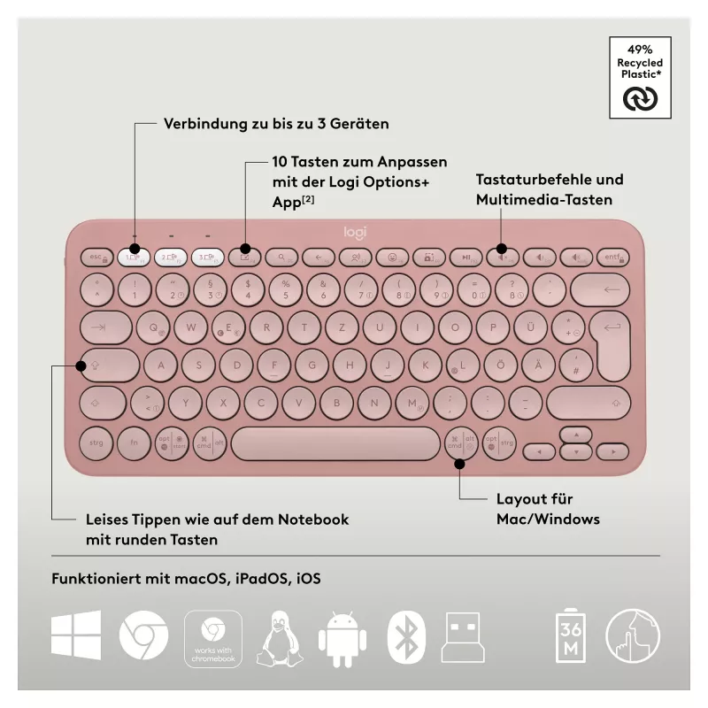 Logitech Pebble 2 Combo klaviatūra ir pelė su universaliu RF belaidžiu ryšiu + Bluetooth QWERTZ vokiškas rožinė (920-012205)