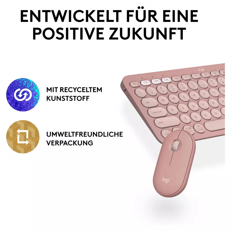 Logitech Pebble 2 Combo klaviatūra ir pelė su universaliu RF belaidžiu ryšiu + Bluetooth QWERTZ vokiškas rožinė (920-012205)