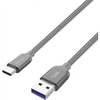 USB 3.2 Gen 1 kabelis, USB-A kištukas > USB-C kištukas (pilkas, 2 metrai, įvilktas)