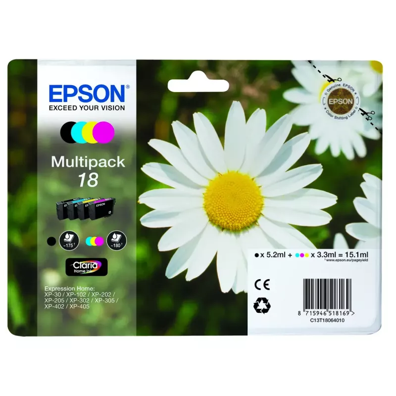 Rašalo kasečių rinkinys Epson Daisy Multipack 4 spalvų 18 Claria Home Ink – standartinė išeiga, 4 spalvų