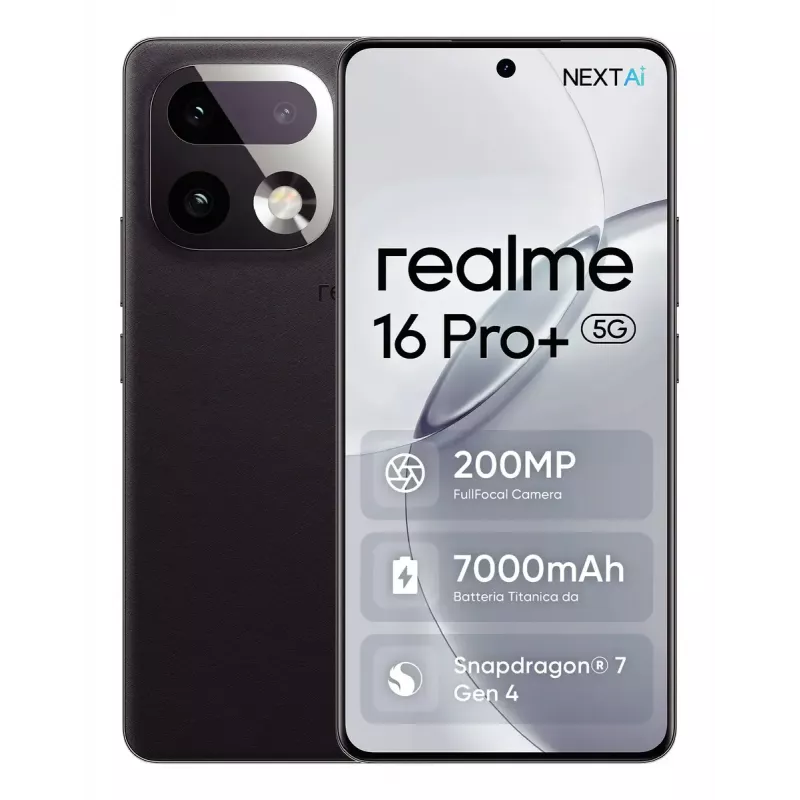 Išmanusis telefonas REALME realme 16 Pro+ — 6.8 colio (17.3 cm) 1280×2800, Snapdragon 7 Gen 4, 12 GB RAM, 512 GB, 200 MP triguba kamera, 7000 mAh, pilka