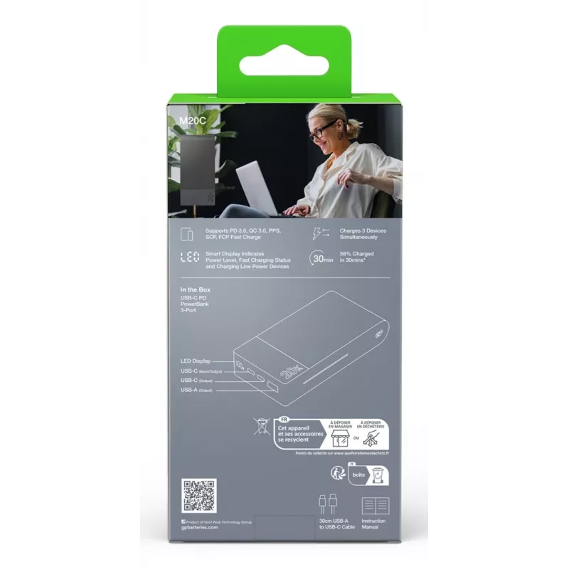 GP Battery GP PowerBank M2+ 20C 20000mAh 2xUSB-C/1xUSB-A juoda LED indikacija (GPPBM20CGYMSR287)