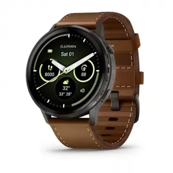 Išmanusis laikrodis GARMIN Venu 4 45 mm (1,4 colio) AMOLED 454×454 px, Wi‑Fi, GPS, 8 GB, juodas korpusas, rudas odinis dirželis