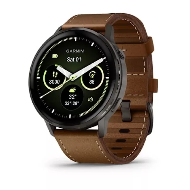 Išmanusis laikrodis GARMIN Venu 4 45 mm (1,4 colio) AMOLED 454×454 px, Wi‑Fi, GPS, 8 GB, juodas korpusas, rudas odinis dirželis