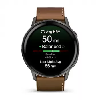 Išmanusis laikrodis GARMIN Venu 4 45 mm (1,4 colio) AMOLED 454×454 px, Wi‑Fi, GPS, 8 GB, juodas korpusas, rudas odinis dirželis