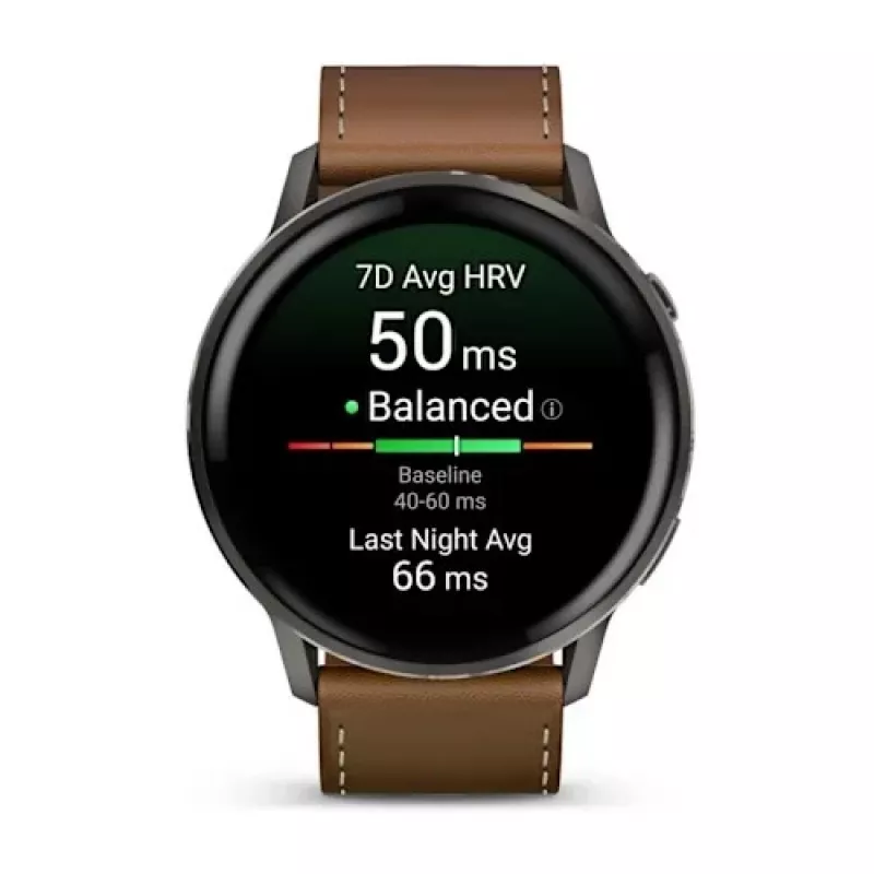 Išmanusis laikrodis GARMIN Venu 4 45 mm (1,4 colio) AMOLED 454×454 px, Wi‑Fi, GPS, 8 GB, juodas korpusas, rudas odinis dirželis