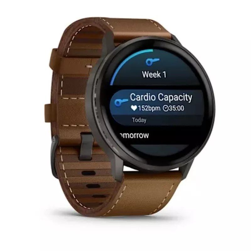 Išmanusis laikrodis GARMIN Venu 4 45 mm (1,4 colio) AMOLED 454×454 px, Wi‑Fi, GPS, 8 GB, juodas korpusas, rudas odinis dirželis