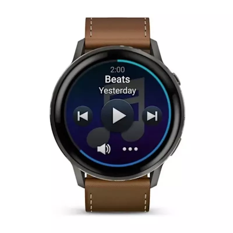 Išmanusis laikrodis GARMIN Venu 4 45 mm (1,4 colio) AMOLED 454×454 px, Wi‑Fi, GPS, 8 GB, juodas korpusas, rudas odinis dirželis