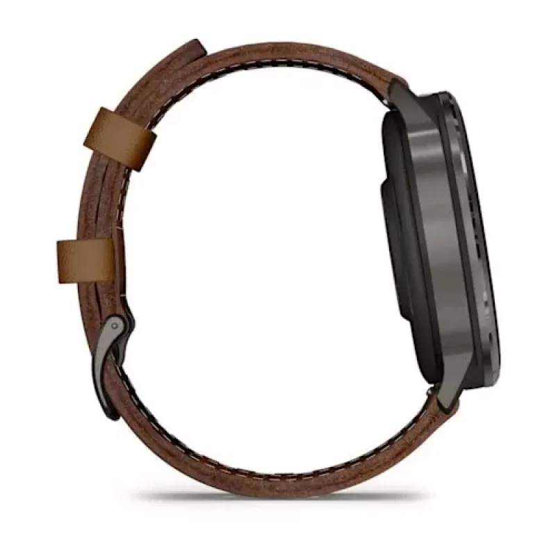 Išmanusis laikrodis GARMIN Venu 4 45 mm (1,4 colio) AMOLED 454×454 px, Wi‑Fi, GPS, 8 GB, juodas korpusas, rudas odinis dirželis
