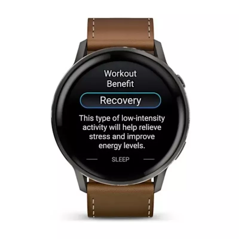Išmanusis laikrodis GARMIN Venu 4 45 mm (1,4 colio) AMOLED 454×454 px, Wi‑Fi, GPS, 8 GB, juodas korpusas, rudas odinis dirželis