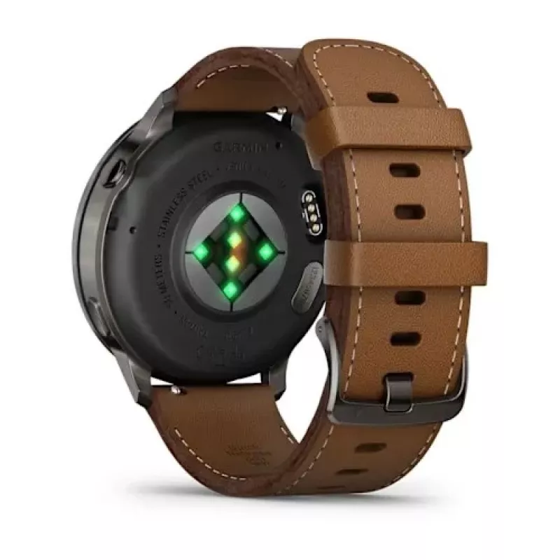 Išmanusis laikrodis GARMIN Venu 4 45 mm (1,4 colio) AMOLED 454×454 px, Wi‑Fi, GPS, 8 GB, juodas korpusas, rudas odinis dirželis