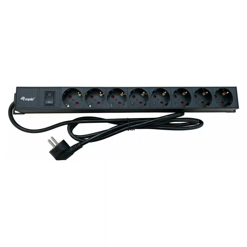 Įmontuojamas maitinimo lizdų blokas EQUIP 19 colių 90° CEE7/7 į 8x Schuko lizdus su jungikliu, aliuminis