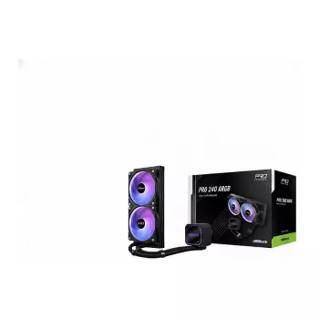 CPU aušintuvas ASROCK Pro 240 ARGB Juoda — 240 mm skysčio aušintuvas AIO, ARGB apšvietimas, juodos spalvos apdaila