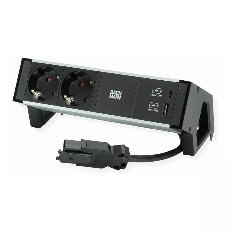 Maitinimo modulis Bachmann DESK2 su 2x CEE7/3 lizdais ir USB, 100W USB C/C, GST18 0,2m, juodas