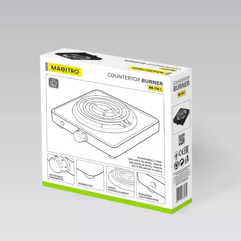 Elektrinė vienos kaitvietės viryklė Maestro MR-770-1 1000W — kompaktiška nešiojama elektrinė kaitlentė