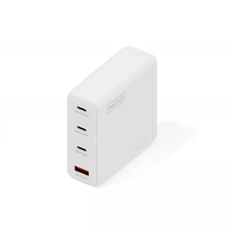 DIGITUS USB GaN Įkroviklis 140W — 3× USB‑C, 1× USB‑A, 100–240V, baltas