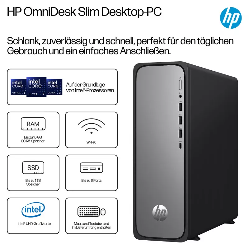 HP OmniDesk S03-0055ng Intel Core i5-14400 plonas bokštinis stalinis kompiuteris - Pilna sistema - Core i5