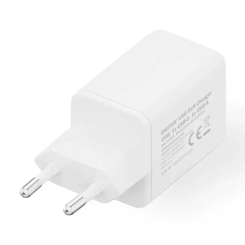 Sieninis įkroviklis DIGITUS USB GaN 45W — 1× USB-C, 1× USB-A, įėjimas 100–240 V, baltas