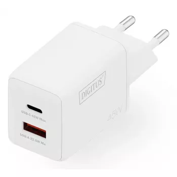 Sieninis įkroviklis DIGITUS USB GaN 45W — 1× USB-C, 1× USB-A, įėjimas 100–240 V, baltas
