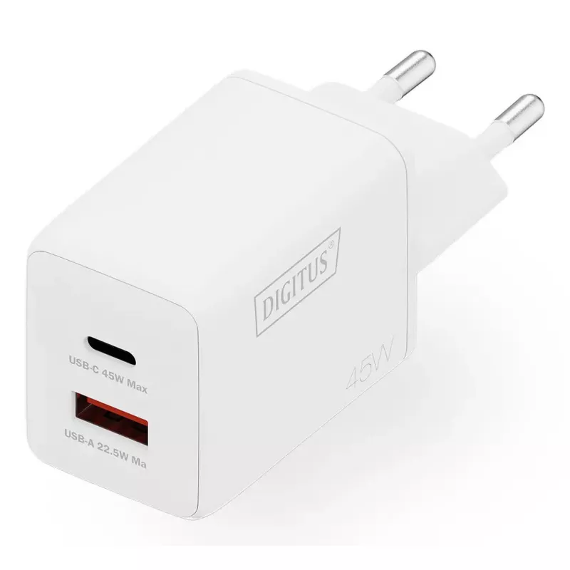 Sieninis įkroviklis DIGITUS USB GaN 45W — 1× USB-C, 1× USB-A, įėjimas 100–240 V, baltas
