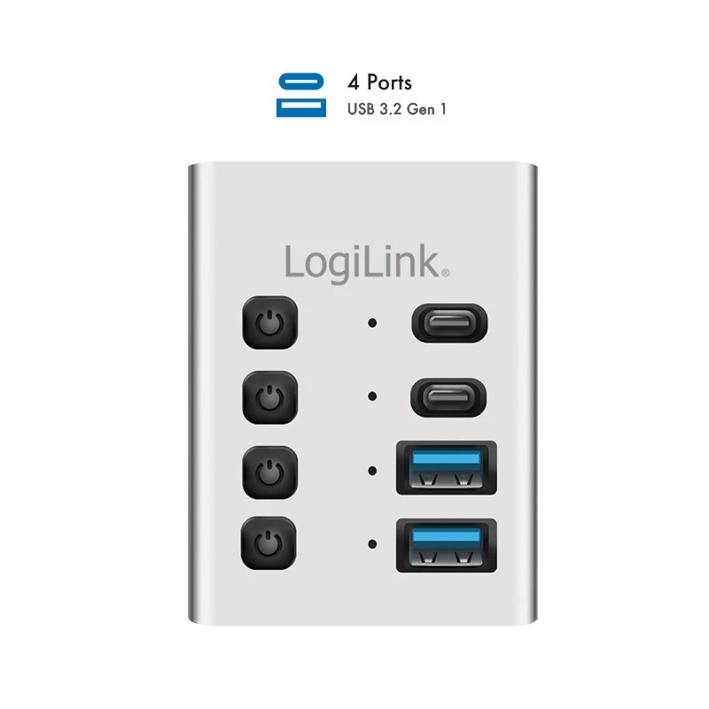 Hub USB3.2 Gen1, 4 prievadai, USB-A/C, įjungimo/išjungimo jungiklis