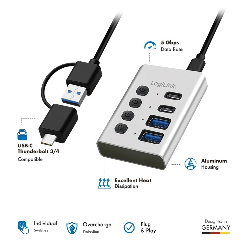 Hub USB3.2 Gen1, 4 prievadai, USB-A/C, įjungimo/išjungimo jungiklis