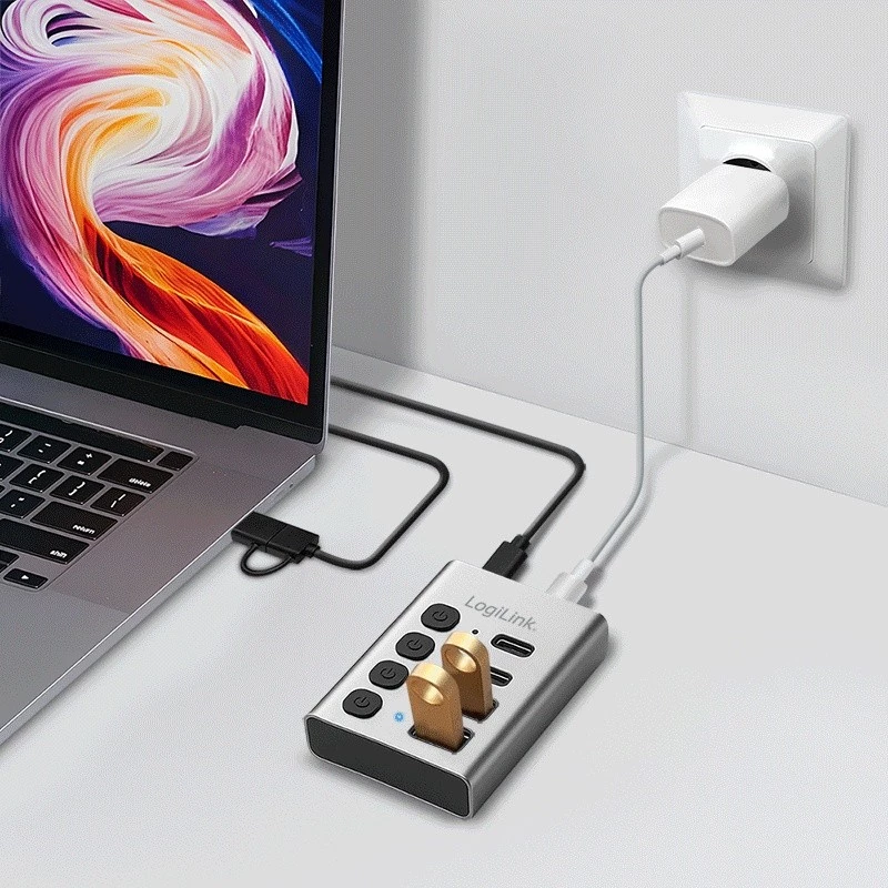 Hub USB3.2 Gen1, 4 prievadai, USB-A/C, įjungimo/išjungimo jungiklis