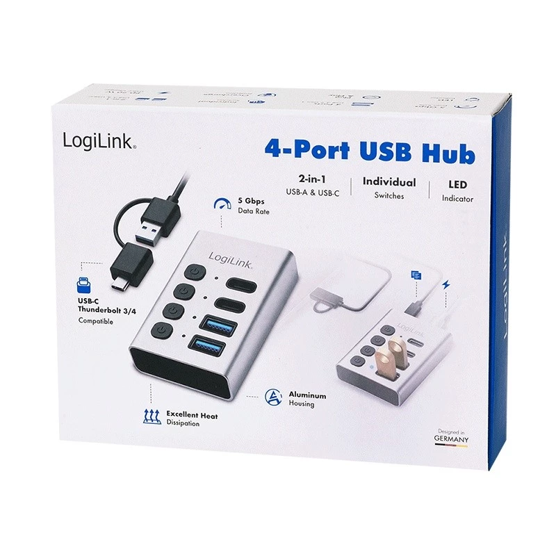 Hub USB3.2 Gen1, 4 prievadai, USB-A/C, įjungimo/išjungimo jungiklis