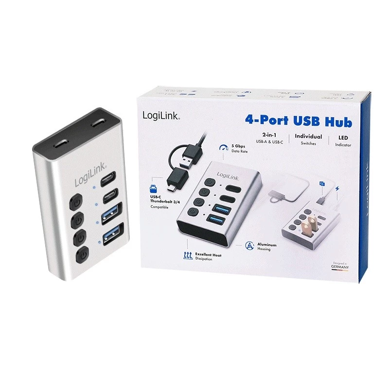 Hub USB3.2 Gen1, 4 prievadai, USB-A/C, įjungimo/išjungimo jungiklis