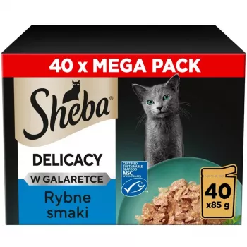 Šlapias kačių maistas Sheba Delicacy Fish Flavours in Jelly, 40×85 g skardinės, suaugusioms katėms, 11 % baltymų, 78 % drėgmės