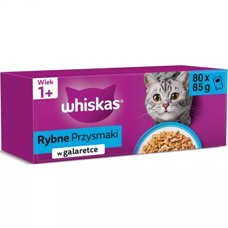 Whiskas šlapio kačių maisto pakeliai Rybne przysmaki w galaretce 80 x 85 g — žuvis drebučiuose