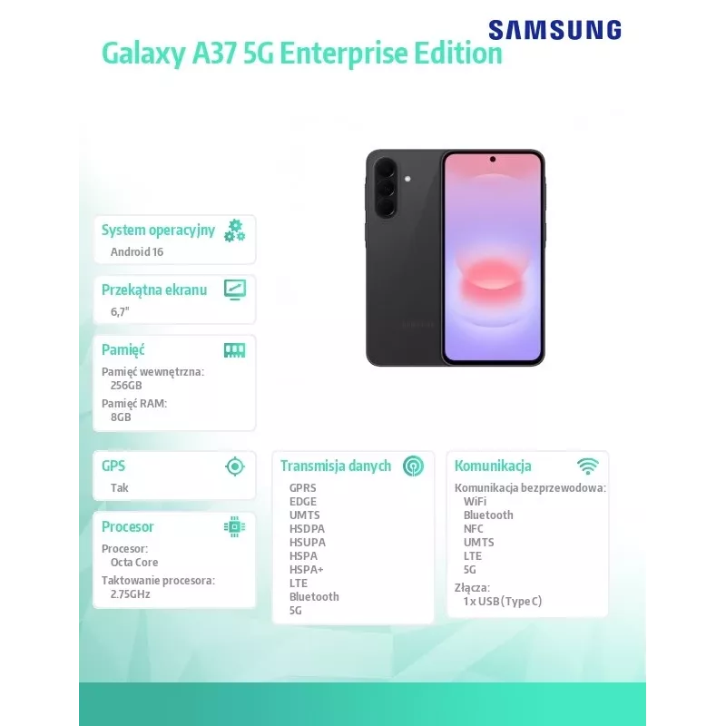 Išmanusis telefonas Galaxy A37 5G 8/256GB Enterprise Edition juodas