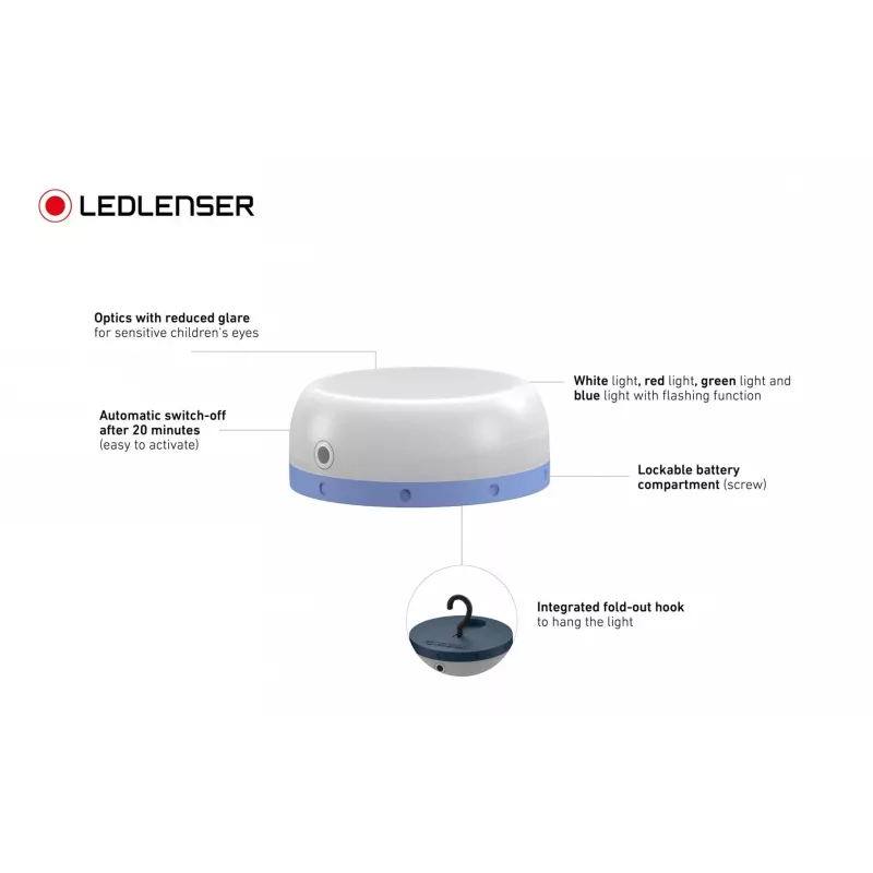Baterijomis maitinamas stovyklavimo žibintas Ledlenser Kidcamp6 — LED RGB, 60 lm, AAA, ABS korpusas, 95 g