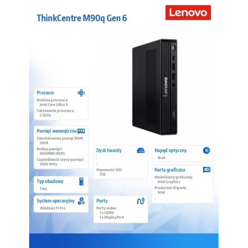 Stacionarus kompiuteris Lenovo ThinkCentre M90q Tiny G6 – Intel Core Ultra 9 285, 2×16GB RAM, 1TB SSD, Windows 11 Pro, juodas