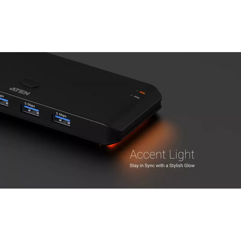 USB 3.2 Gen1 2x4 dalijimosi jungiklis ATEN US5324 su A ir C šeimininko prievadais ir 4 įrenginių prievadais