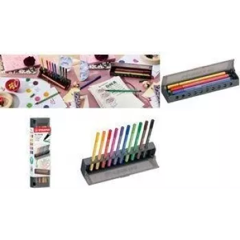 Pluoštinių flomasterių rinkinys Stabilo Pen 68 10 vnt. su plastikiniu penalėliu ir stalo kilimėliu (modelis 6810-7)