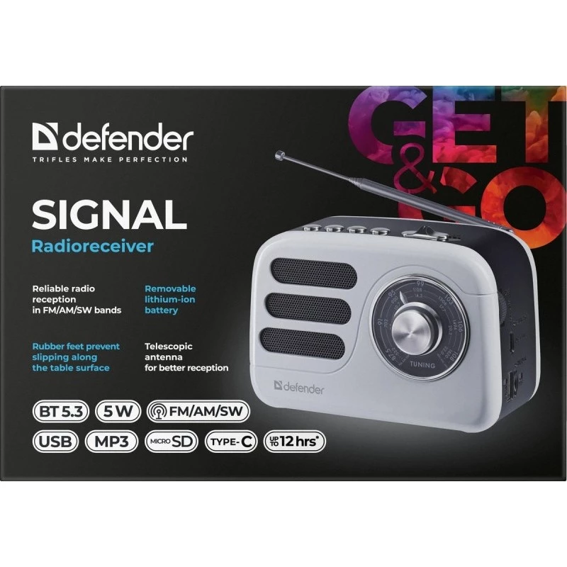 Nešiojamas garsiakalbis DEFENDER SIGNAL su FM/MP3/SD/USB ir Bluetooth (5W, antena)