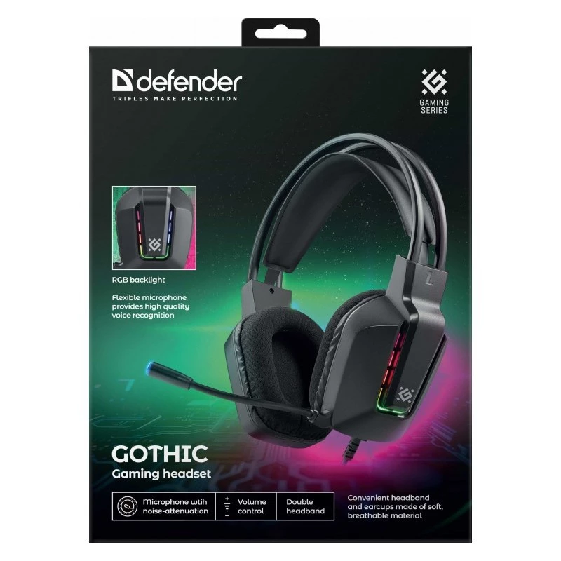 Laidinės USB žaidimų ausinės DEFENDER GOTHIC RGB su mikrofonu, juodos