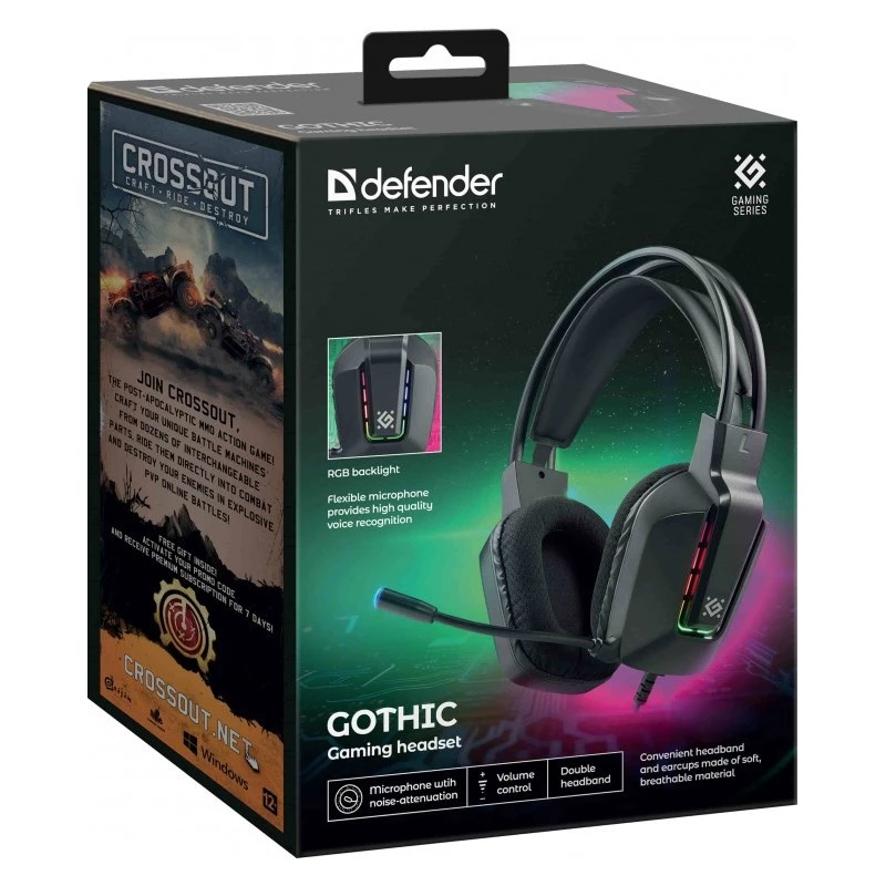 Laidinės USB žaidimų ausinės DEFENDER GOTHIC RGB su mikrofonu, juodos