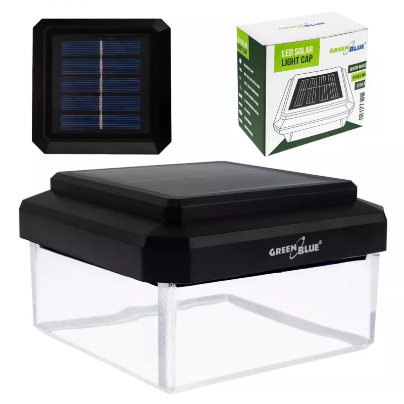 „GreenBlue GB127 WW“ saulės energija maitinamas LED stulpinis šviestuvas — 3200K neutrali balta, 80×80 mm voko formos gaubtas, NiMH baterija