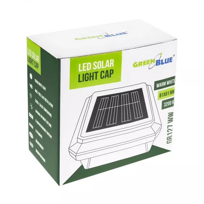 „GreenBlue GB127 WW“ saulės energija maitinamas LED stulpinis šviestuvas — 3200K neutrali balta, 80×80 mm voko formos gaubtas, NiMH baterija