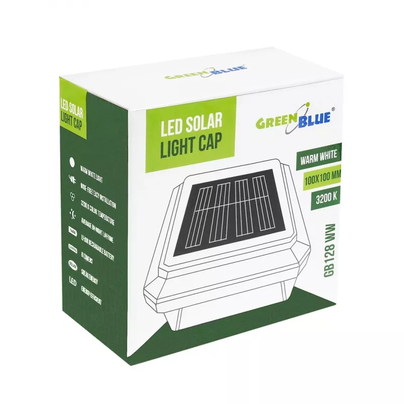 Saulės energija maitinamas LED stulpo šviestuvas GreenBlue GB128 WW, 3200K neutrali balta, gaubto formos gaubtas, 100x100 mm, juodas