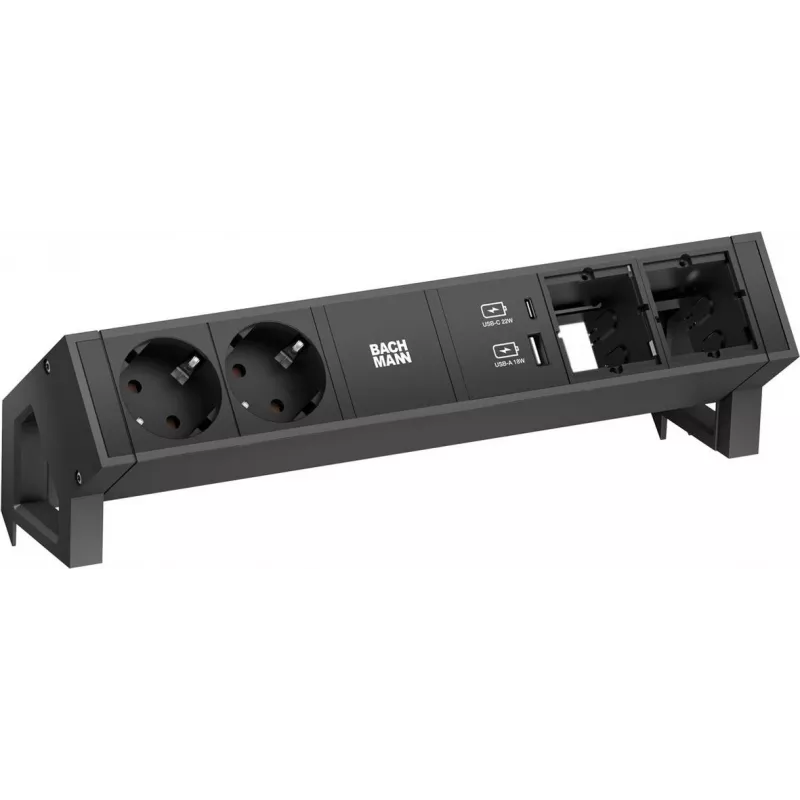 Bachmann DESK2 maitinimo modulis su 2x CEE7/3 lizdais, 2x kompiuterio prievadais, 2x USB įkrovikliu 22W, juodas, 0,2 m GST