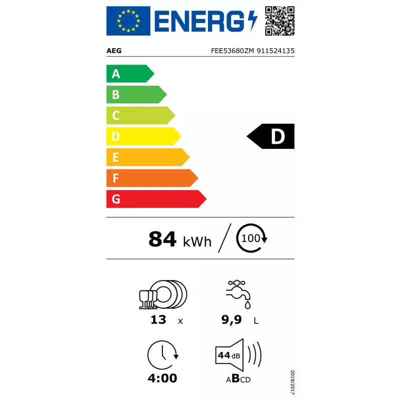 Visiškai integruojama indaplovė AEG FEE53680ZM — 13 vietų, 60 cm, 44 dB, energijos klasė D