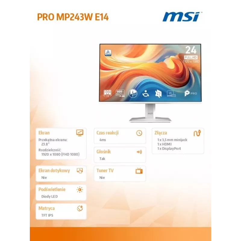 Monitorius PRO MP243W E14 23,8 col. LED/FHD/PLOKŠČIAS/144 Hz/baltas