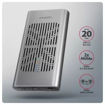 Išorinė dėžutė AXAGON EEM2-20GD USB-C 20 Gbps dviem M.2 NVMe SSD diskams su aparatine kopijavimo funkcija