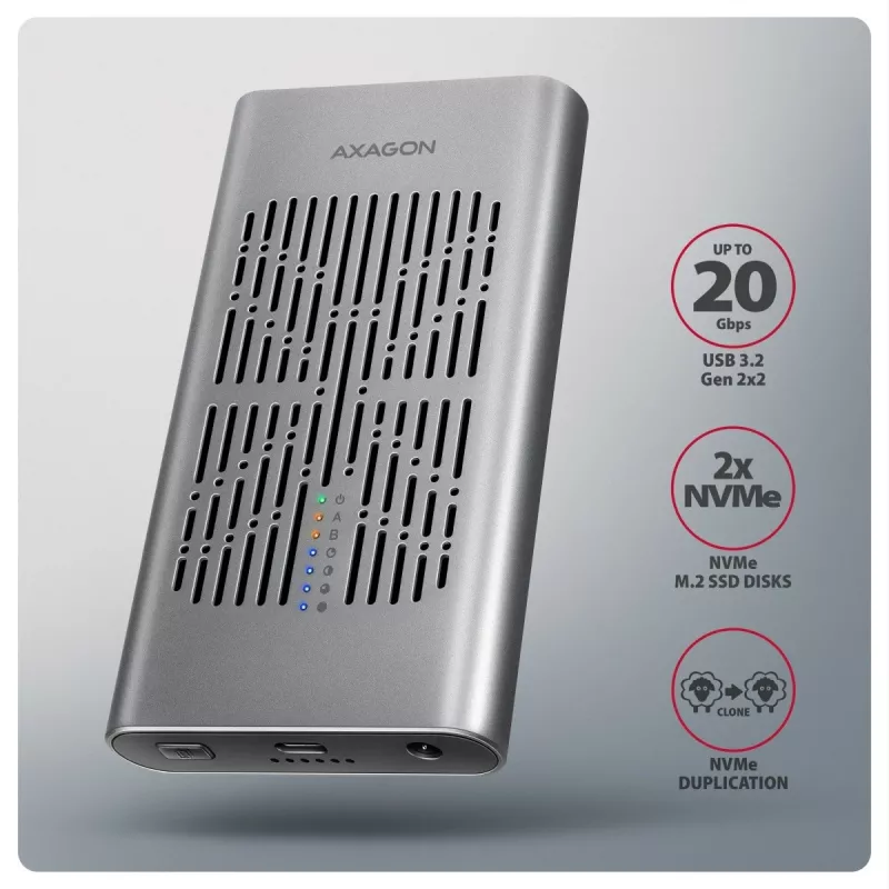 Išorinė dėžutė AXAGON EEM2-20GD USB-C 20 Gbps dviem M.2 NVMe SSD diskams su aparatine kopijavimo funkcija