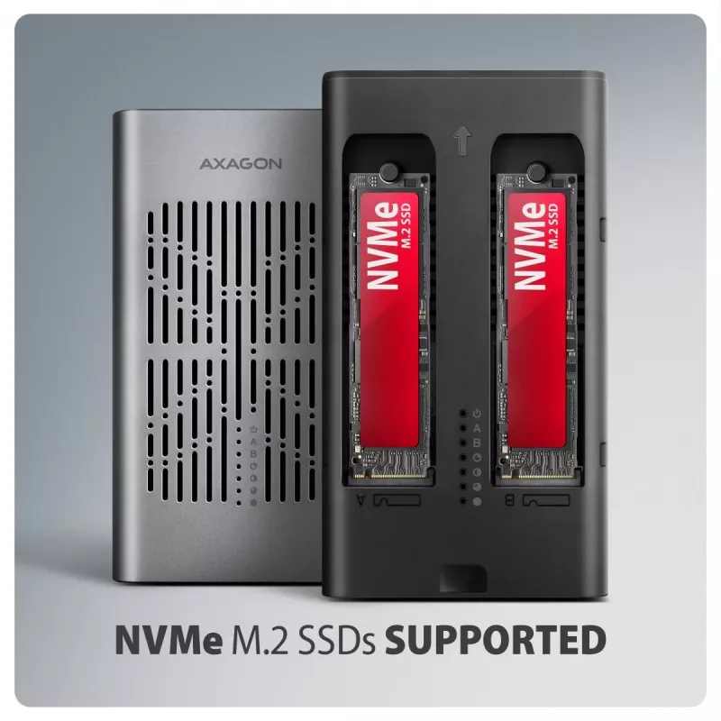 Išorinė dėžutė AXAGON EEM2-20GD USB-C 20 Gbps dviem M.2 NVMe SSD diskams su aparatine kopijavimo funkcija