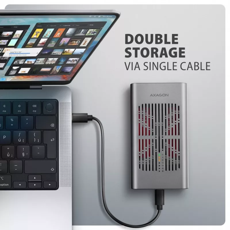 Išorinė dėžutė AXAGON EEM2-20GD USB-C 20 Gbps dviem M.2 NVMe SSD diskams su aparatine kopijavimo funkcija